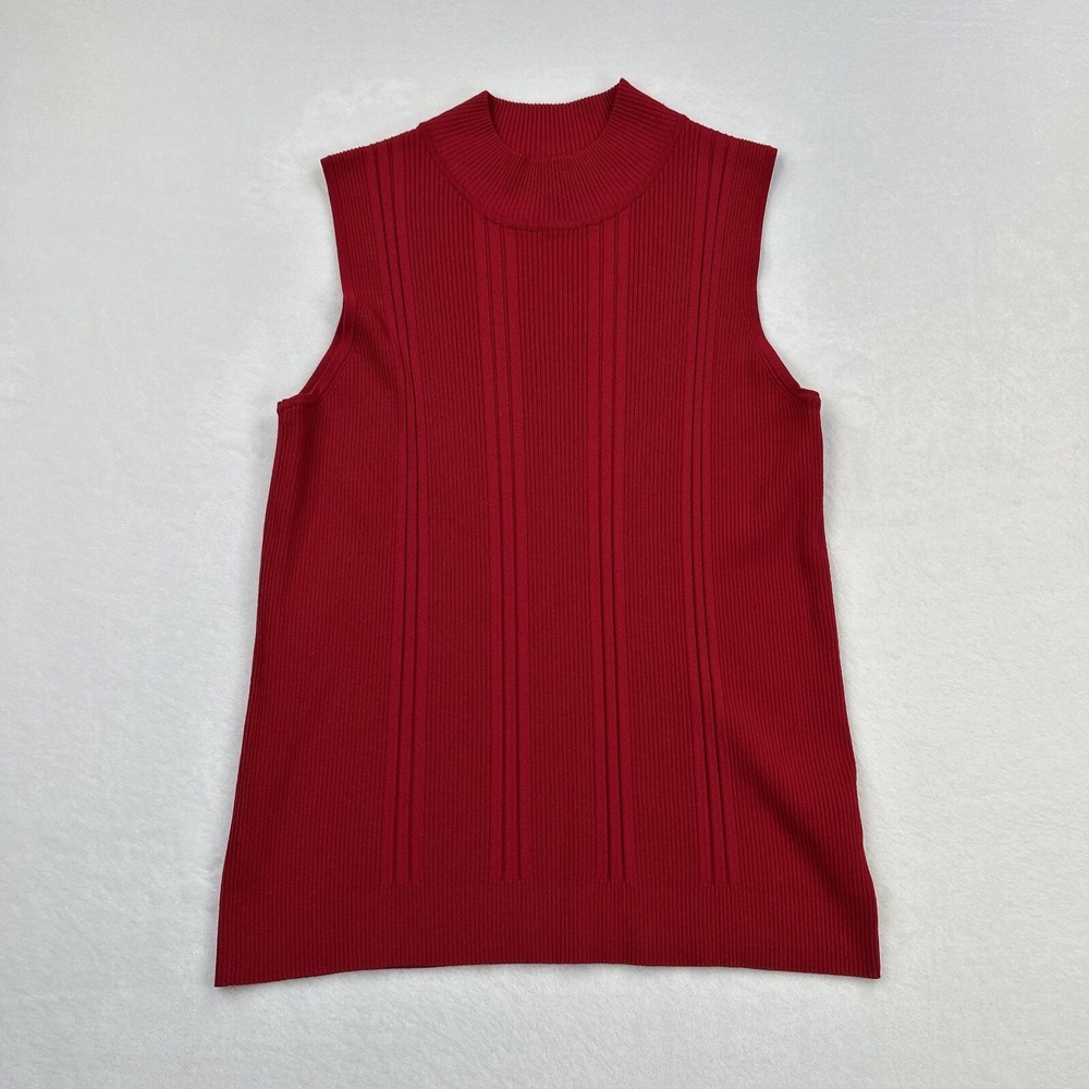 Dress Barn Sweater Womens 14/16 Red Mock Neck Ribbed Stretch Sleeveless Ladies